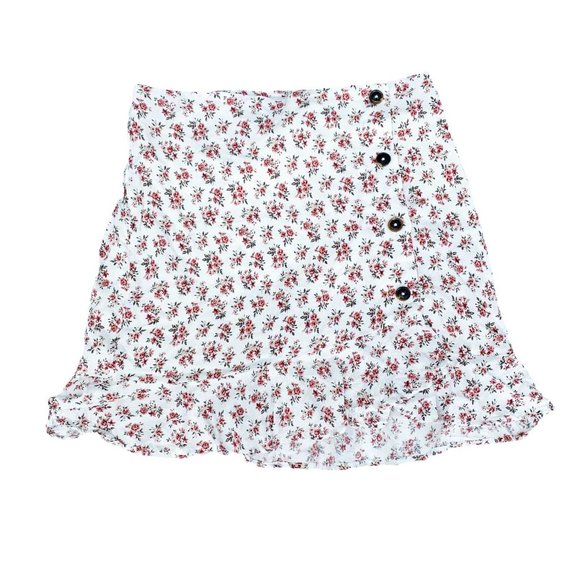 White Floral Ruffle Mini Skirt with Red Flowers High Waist Hollister Small - Picture 2 of 11